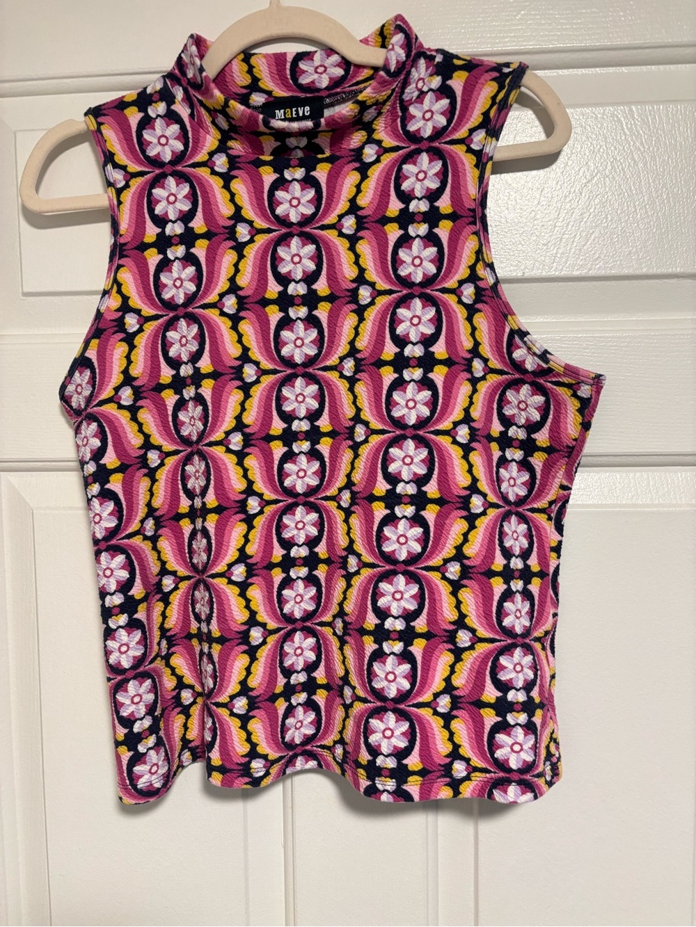 Maeve by Anthropologie Pink Yellow Floral Geometric Mock Neck Tank